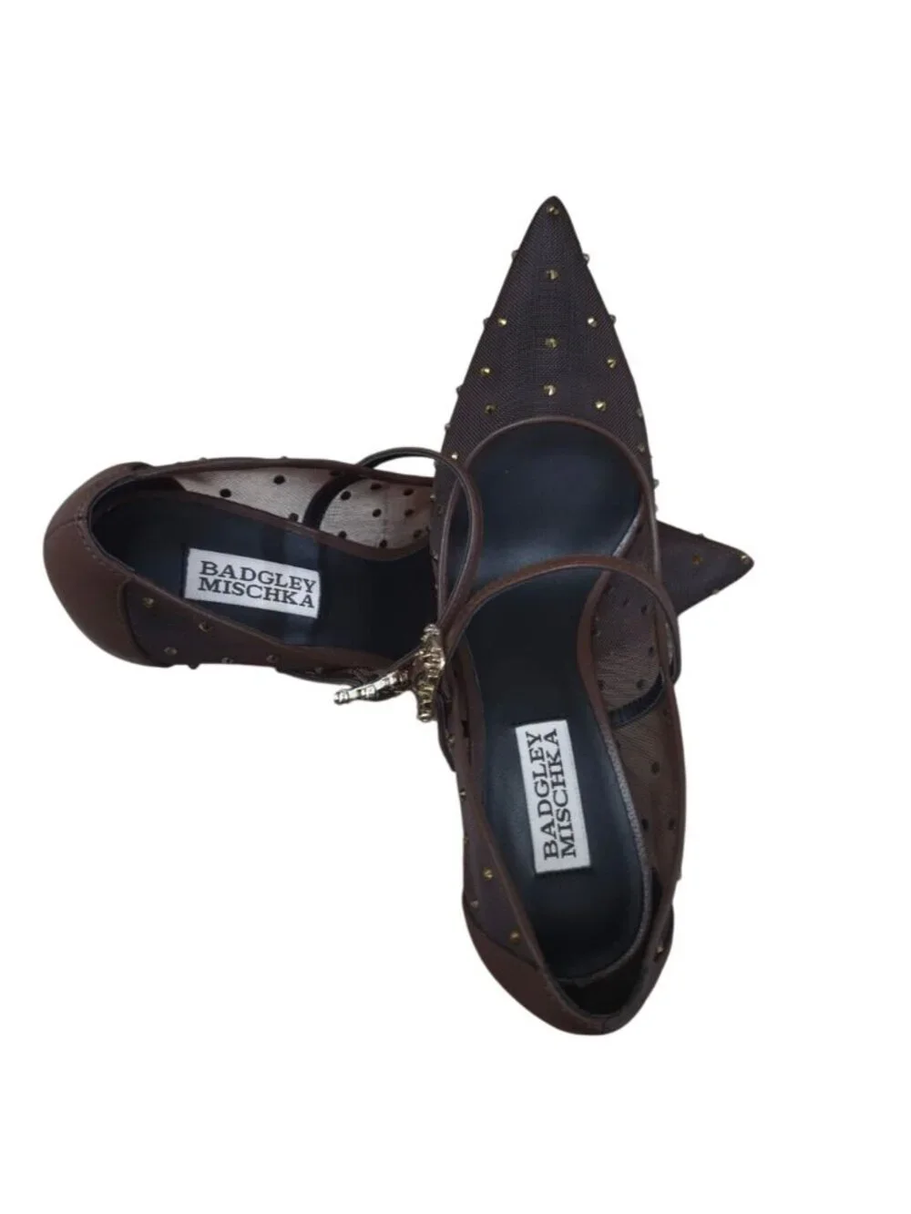 Badgley Mischka Womens Brown Mesh Studded Pumps Size 6 Mary Jane New Box.